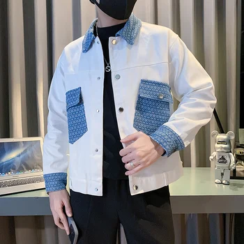 קוריאני אופנה ג 'ינס טלאים' קט לגברים 2023 סתיו דש מזדמן עסקים מעילים זכר חברתית אופנת רחוב להאריך ימים יותר מעיל רוח