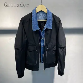 Gmiixder מזויף שני חלקים Workwear המעיל לגברים אביב סתיו רוכסן מכנסי ג 'ינס דש מעיל חדש קוריאני ג' ינס מקרית משולבים ' קט