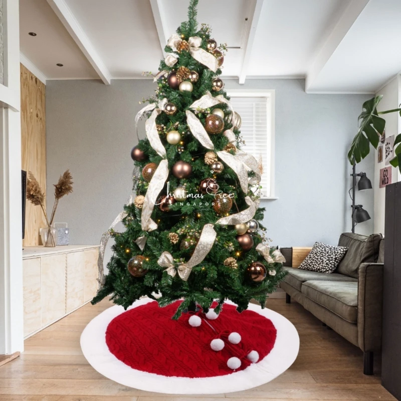 עץ חג המולד חצאית, לסרוג סרוגה עבה כפרי נופש קישוט חג המולד אדום עם שלג לבן קטיפתי0