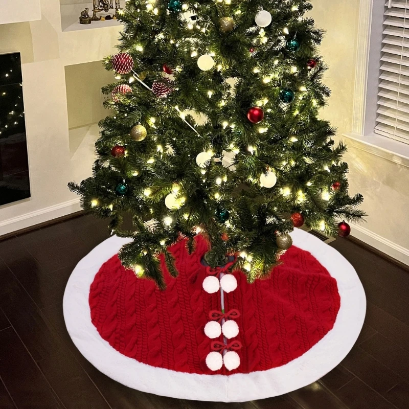 עץ חג המולד חצאית, לסרוג סרוגה עבה כפרי נופש קישוט חג המולד אדום עם שלג לבן קטיפתי1
