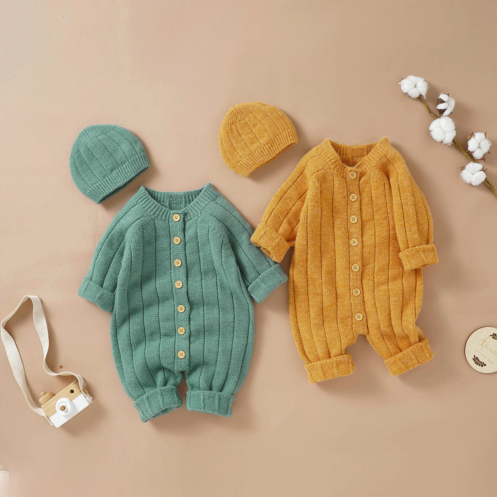 Pudcoco תינוק בייבי בנות בנים החורף סרבל וכובע, מוצק צבע השרוול הארוך אחת עם חזה סרוגים רומפר, 0-18 חודשים.2