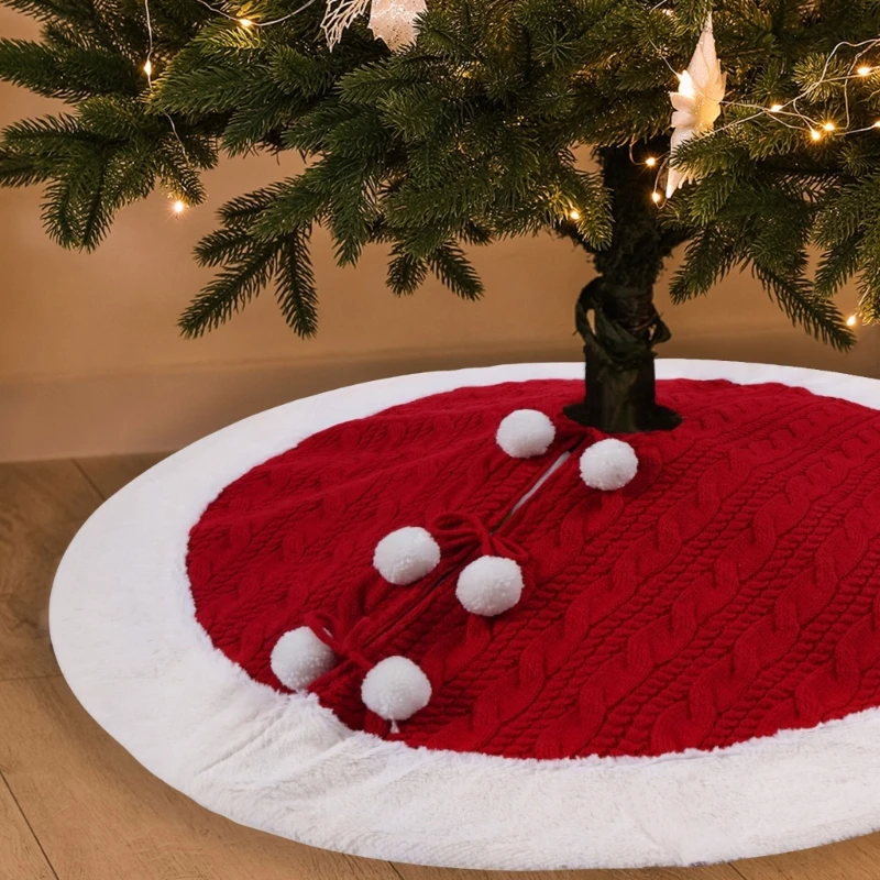 עץ חג המולד חצאית, לסרוג סרוגה עבה כפרי נופש קישוט חג המולד אדום עם שלג לבן קטיפתי3