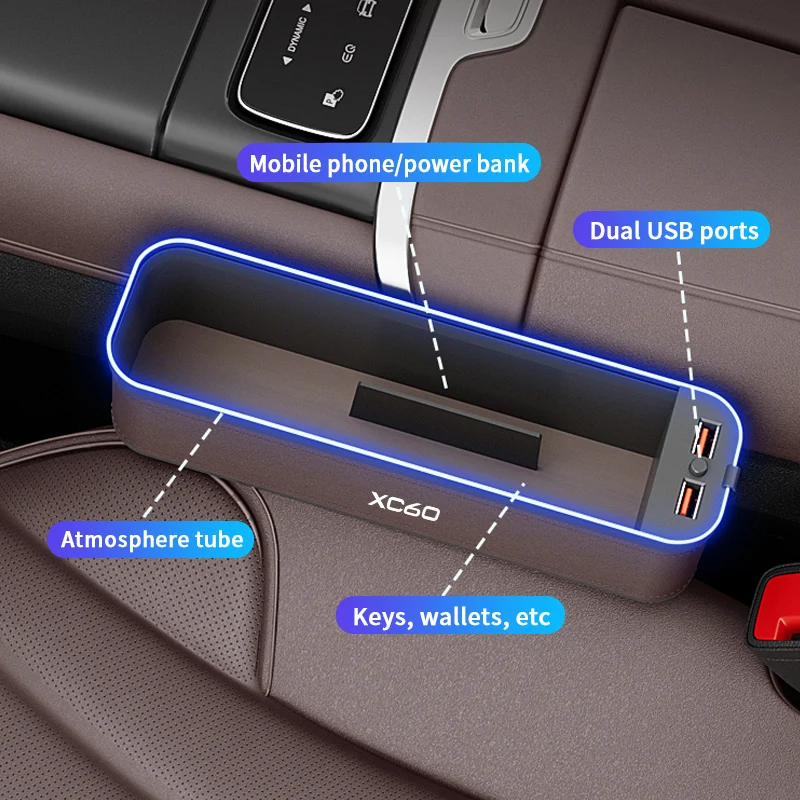 Gm המושב תיבת אחסון עם אווירה אור על וולוו XC60 המושב ניקוי ארגונית למושב USB לטעינה אביזרי רכב4