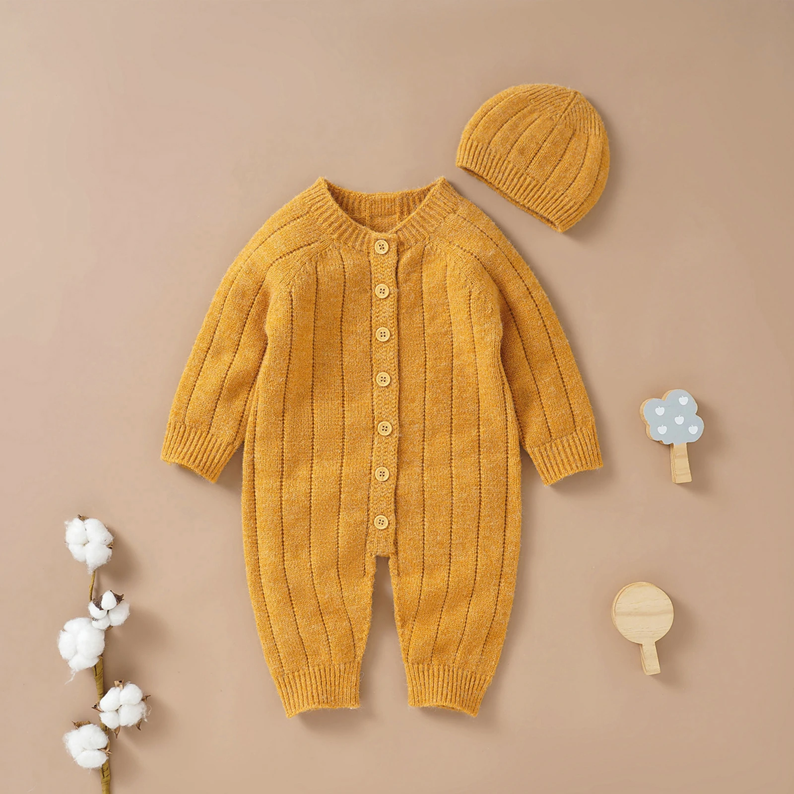 Pudcoco תינוק בייבי בנות בנים החורף סרבל וכובע, מוצק צבע השרוול הארוך אחת עם חזה סרוגים רומפר, 0-18 חודשים.4