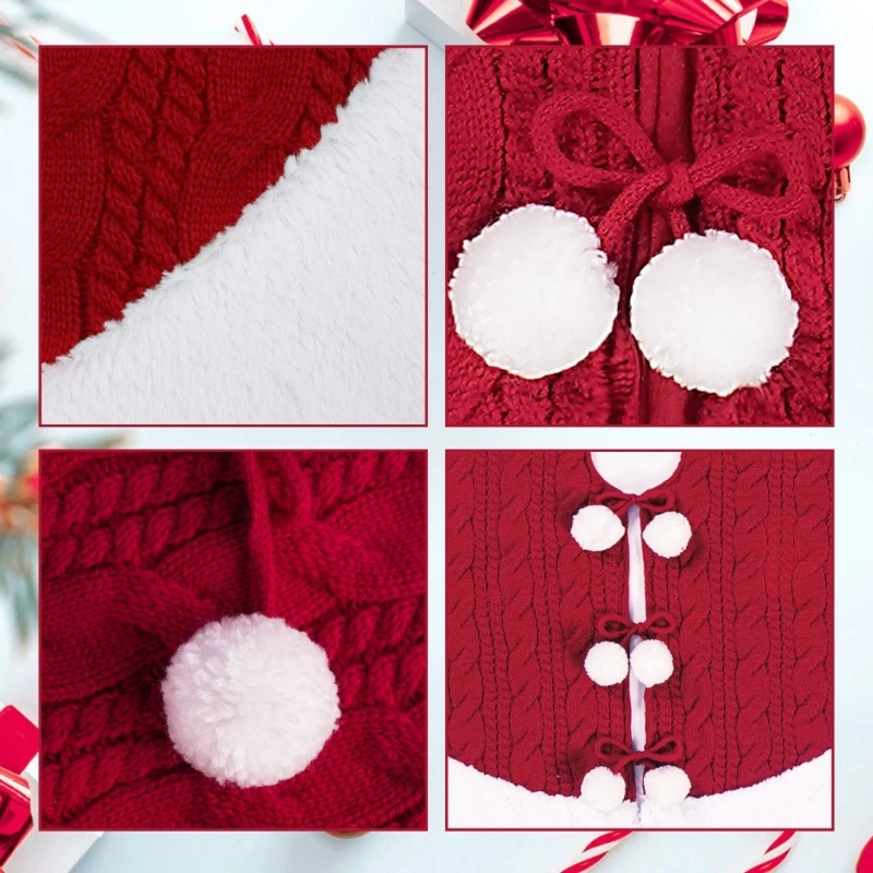 עץ חג המולד חצאית, לסרוג סרוגה עבה כפרי נופש קישוט חג המולד אדום עם שלג לבן קטיפתי4